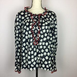 J Crew Button Shirt Blouse Size L Womans Navy Floral Eyelet Ruffle Long Sleeve
